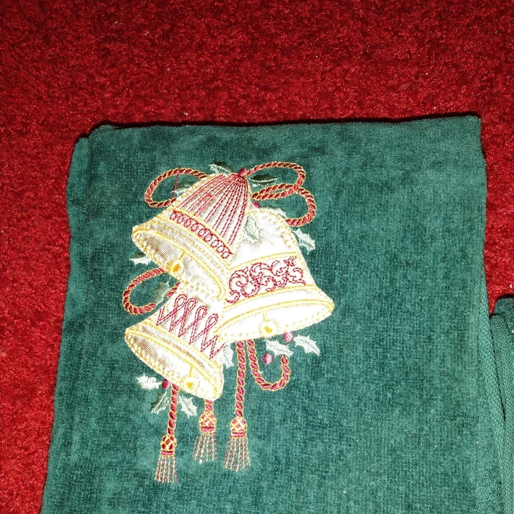 Set of 3 Green Christmas Themed Towels with Bell Applique